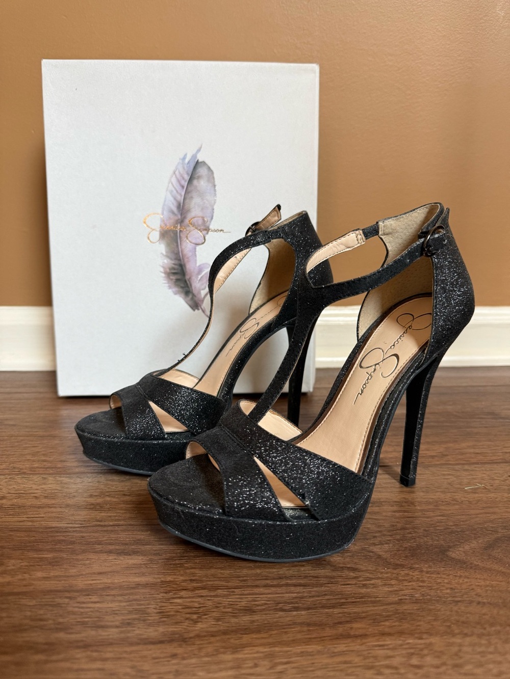Jessica Simpson ‘Beryl’ Black/Grey Sparkle High Heel Platform Sandal